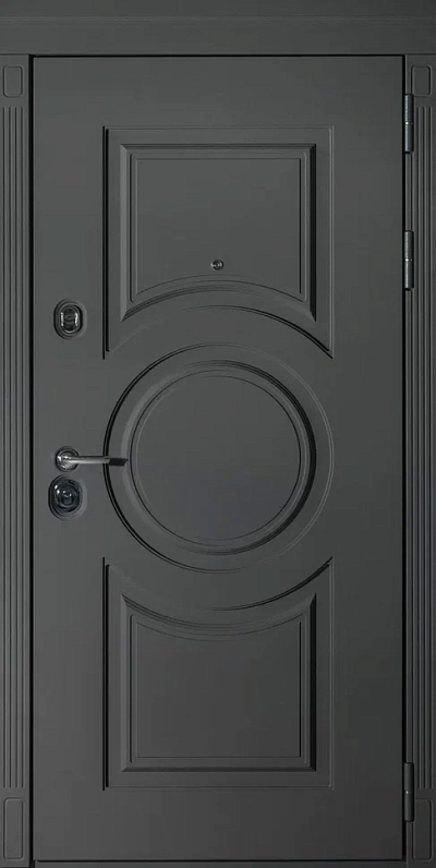 Входная дверь С-740 Шагрень серая 7011 Круг Софт серый Софт белый 3 конт. упл. Ручка Росса 713 Замки Кале 252, Бордер