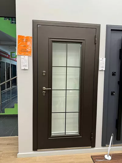 Фото: ДС-285 Termo Premium 08-К 970x2050 Правая 3 контура Муар коричнев+Багет Ангара, Стекл.прозр+ковка Без фрез. Белый матов. Бронза Петли каплев. (Распродажа)