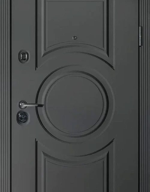 Фото: Входная дверь С-740 Шагрень серая 7011 Круг Софт серый Софт белый 3 конт. упл. Ручка Росса 713 Замки Кале 252, Бордер