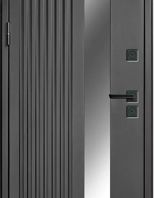 Фото: Входная дверь Carda Termo Premium 130 3к Муар серый RAL 7024 + Багет Интро + СТП зерк Silver Белый матовый Галеон графит