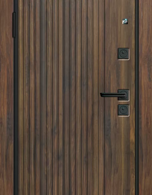 Фото: Входная дверь С-709 Черный муар Вертикаль без ст. Дуб коньяк с век.кольц.+патина Гладкая Белый матовый 3 конт. упл. CARDA RS